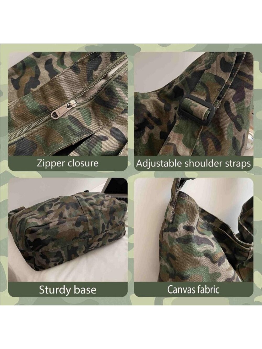 Stylish Camo Crossbody Bag for Women & Men, Large Canvas Hobo Tote, Vintage - Picture 5 of 9